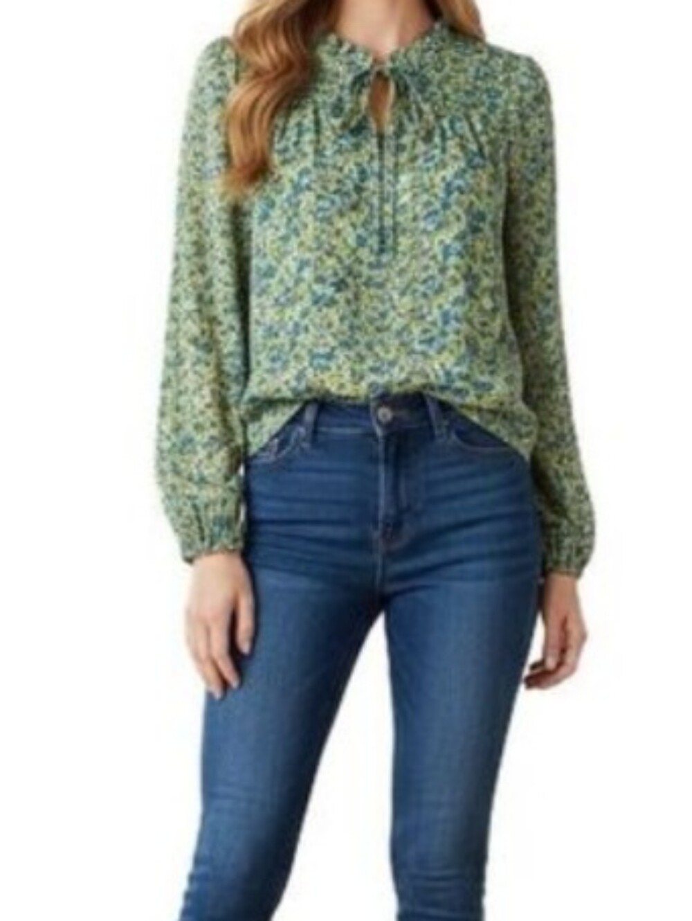 Rachel Zoe Blue and Yellow Floral Tie-Neck Blouse Size L
